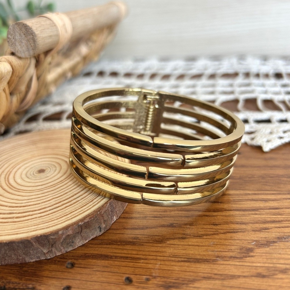 Gold Tone Multi Strand Caged Hinged Cuff‎ Bangle Bracelet Minimalist Statement